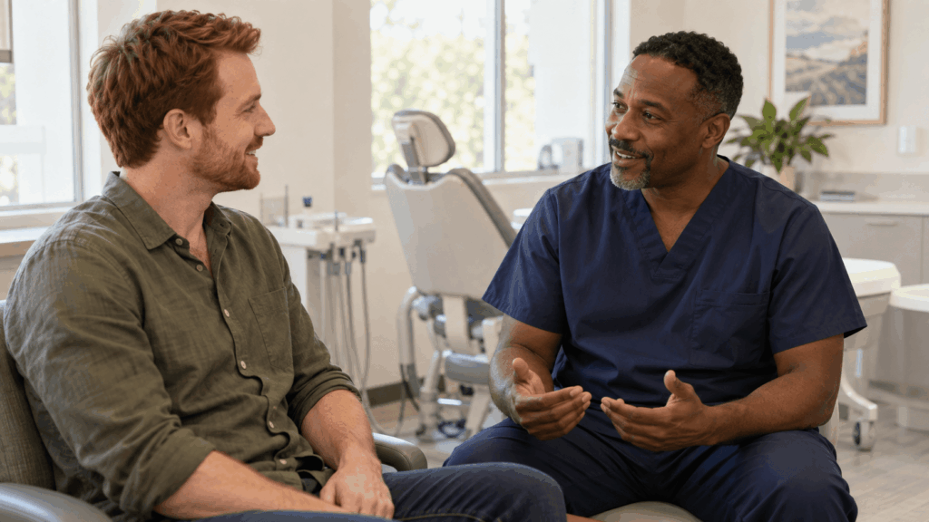 Adult male patient speaking with a male dentist in a bright dental office.